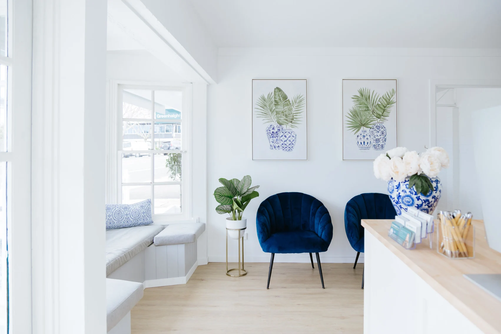 Waiting area of office with bright natural light