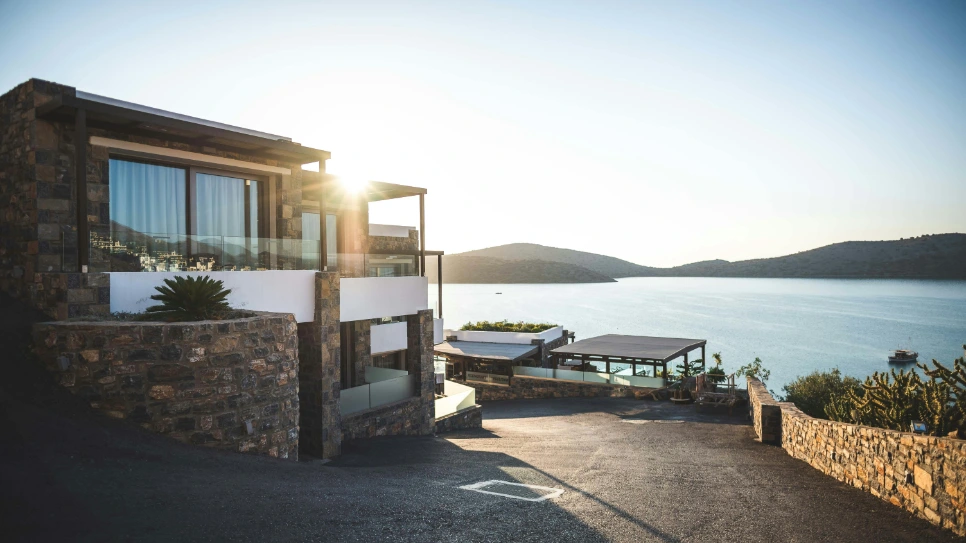 Driveway of luxury home looking over water