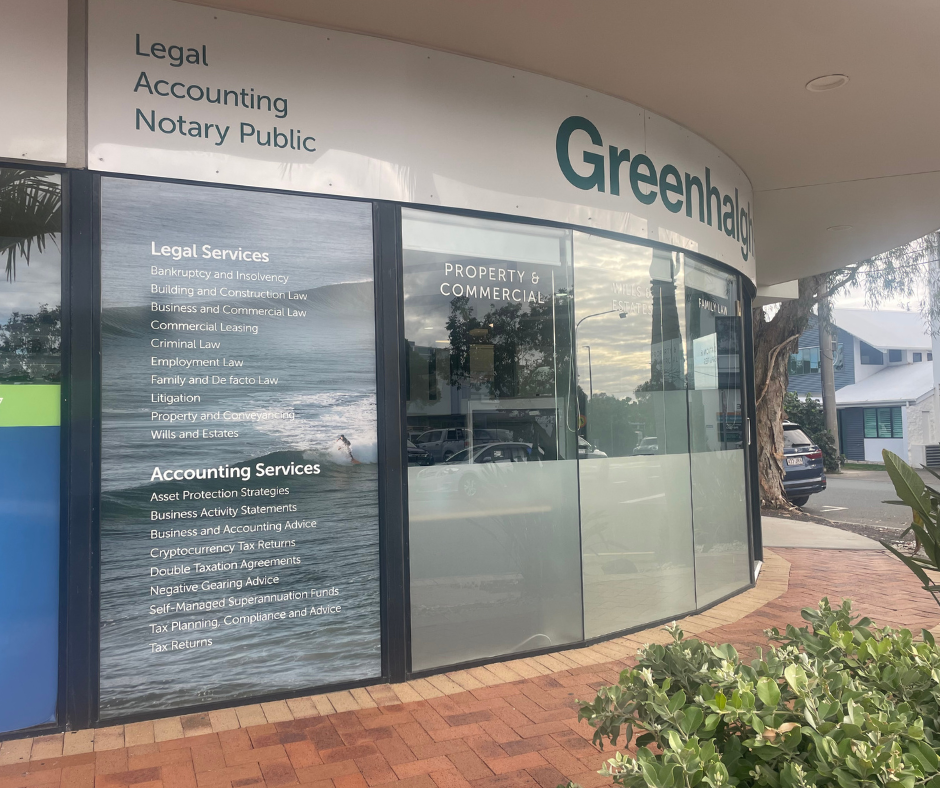 Office building in coolum with services on sign printed as: legal, accounting and notary public